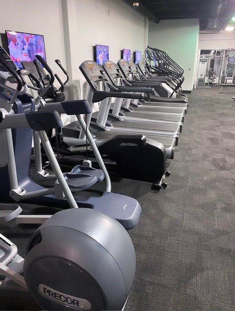 Roswell Fitness Factory cardio lineup. Ellipticals, treadmills, stair climbers, bikes, rowers, HIIT cardio.